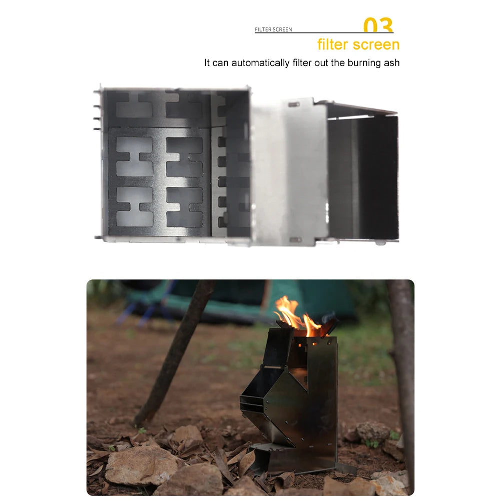 BBQ Rocket Stove Stainless Steel Portable Detachable Wood Burner Cooking Stove Portable Collapsible Camping Stove for Picnic BBQ