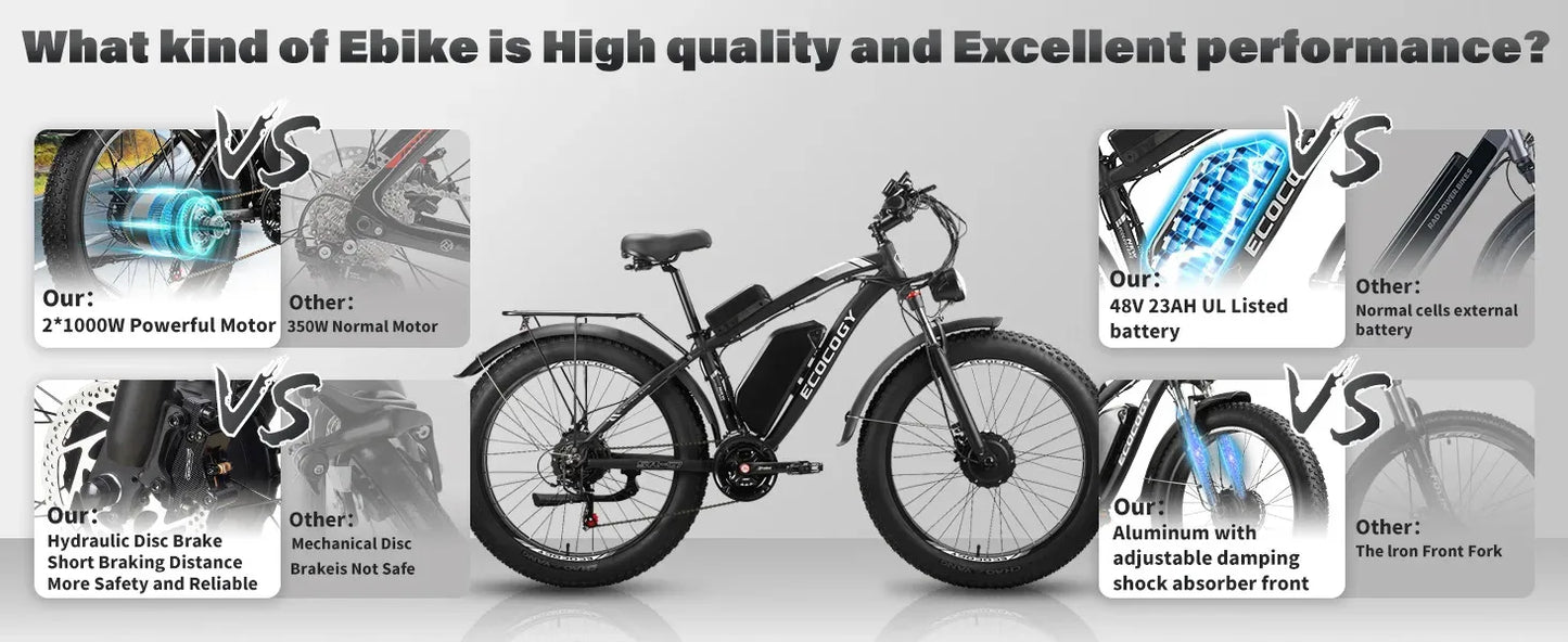 Fashionable electric bike, 2000W*2 dual motors 52V 32AH long battery life hydraulic brake stable and durable electric bicycle