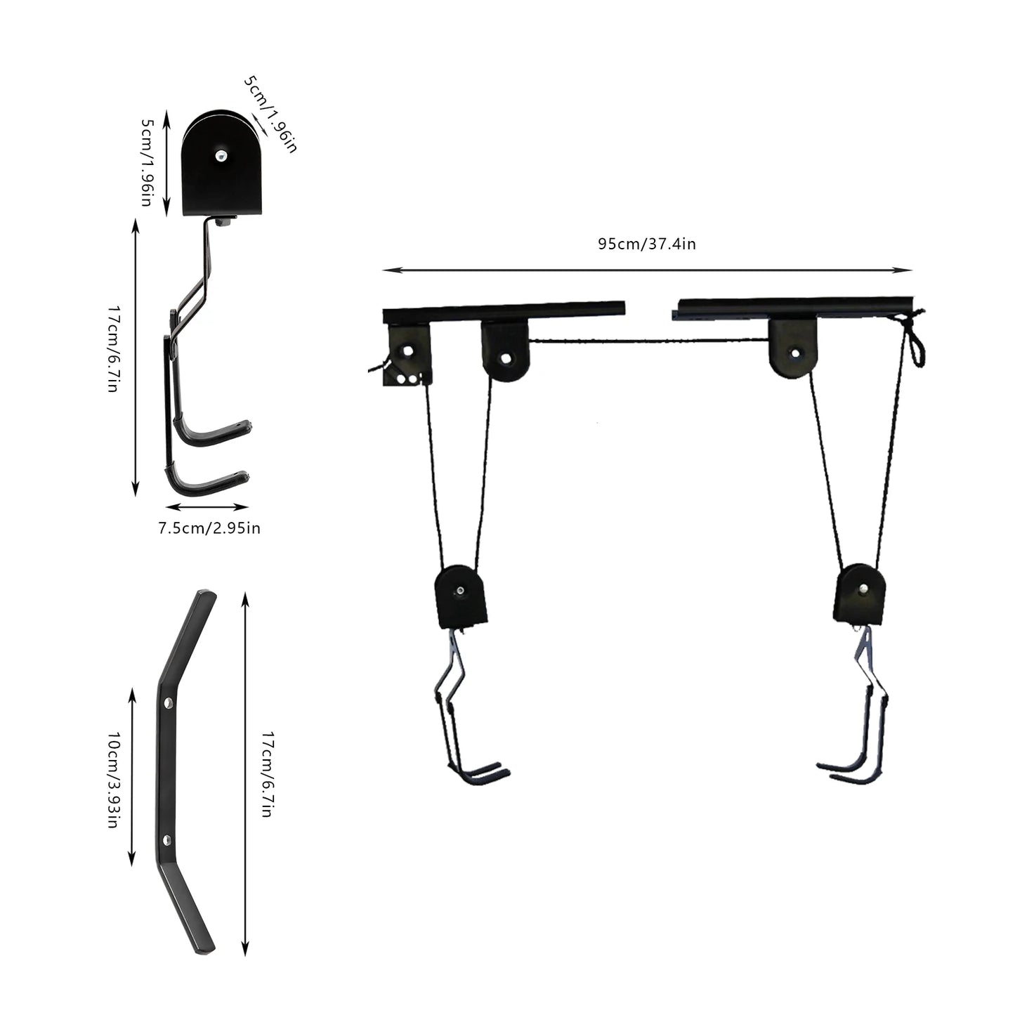 Black Bicycle Lift with ceiling Mount up to 60kg 12x6.5x4cm Mountain Bike Wall Display Rack