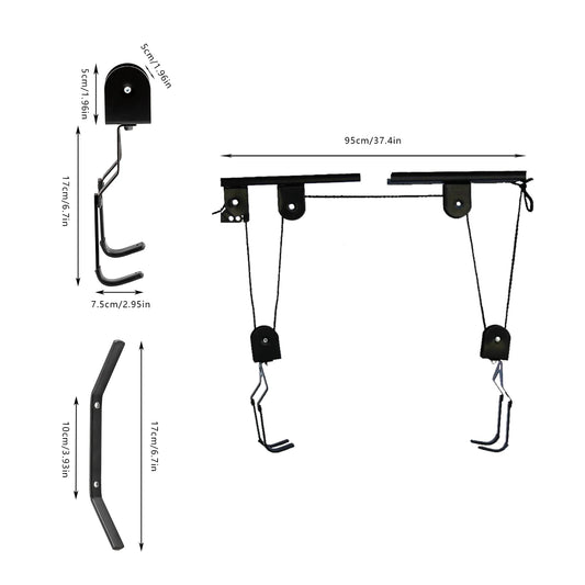 Black Bicycle Lift with ceiling Mount up to 60kg 12x6.5x4cm Mountain Bike Wall Display Rack