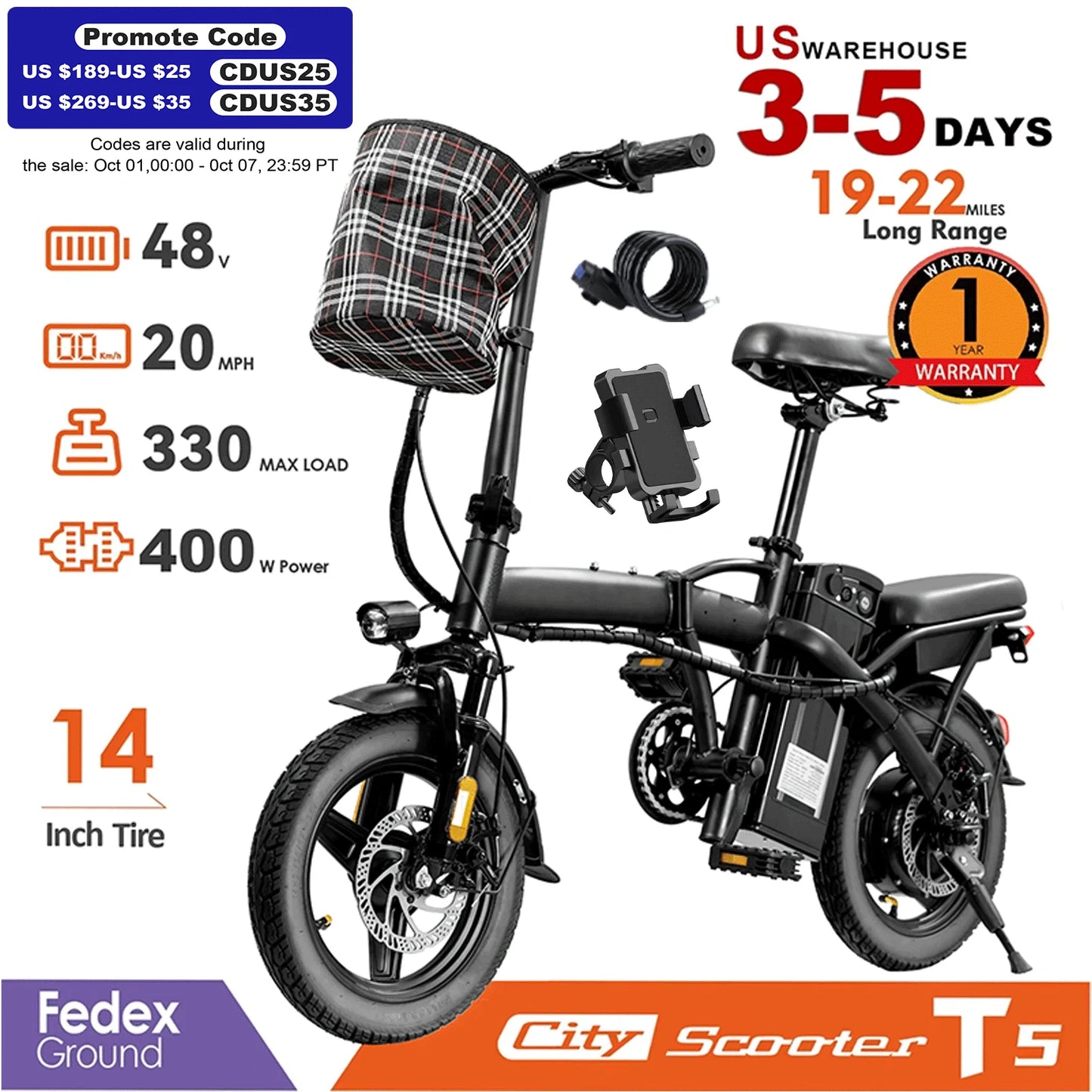 1Year Warranty 14inch Electric Bike, 20 MPH,48V Removable Battery,400W Motor, Adult Folding Electric Bike,20 Miles,Ebike UL 2849