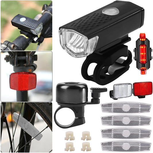 Bike Headlight Taillight Bell Set LED Flashlight Lamp Waterproof with 6pcs Reflector Riding Cycling Light Bicycle Accessories