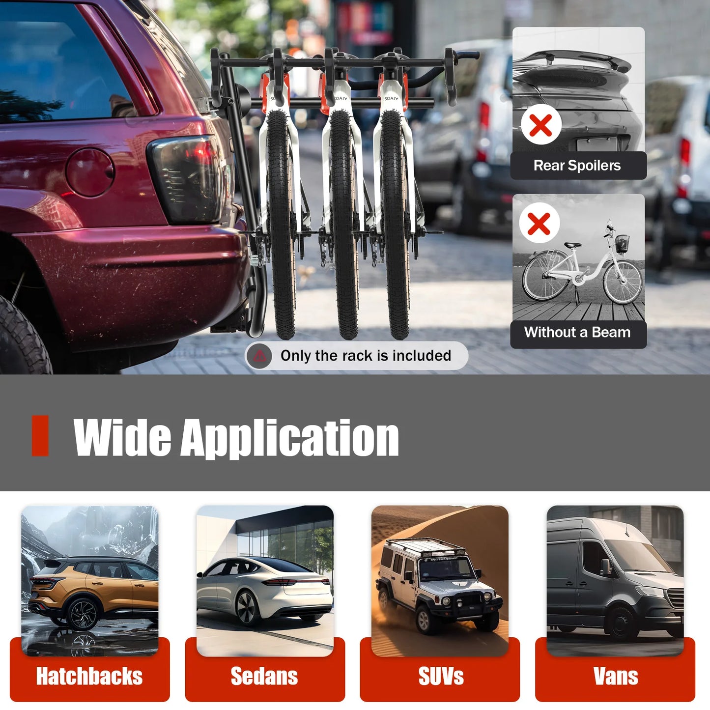 Foldable Car Trunk Bike Rack Auto Bicycle Rack Carrier 3 Bikes Trunk Mount for Most Hatchbacks, Sedans, SUVs, Vans