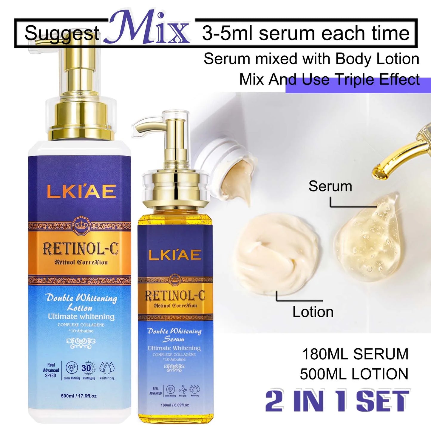 LKIAE Advanced Retinol Double Whitening Skin Care Set, Deeply Moisturizing, Clean Skin, Reduce Wrinkles, Stains, Dark Spots