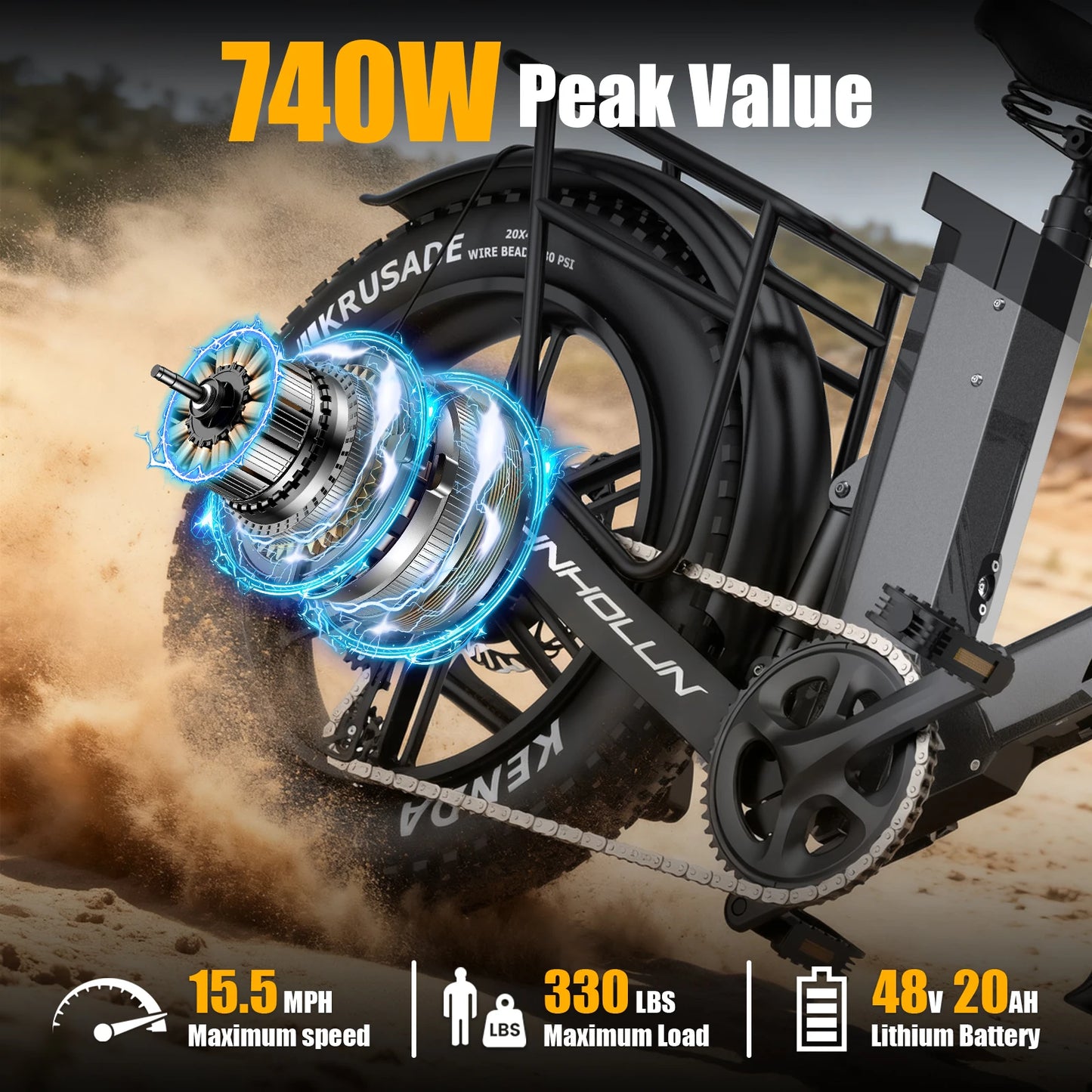 Off Road Electric Bike 740W Powerful Motor, 48V20AH Lithium Battery with a Range Of 50 Miles, Adult High-speed Mountain eBike