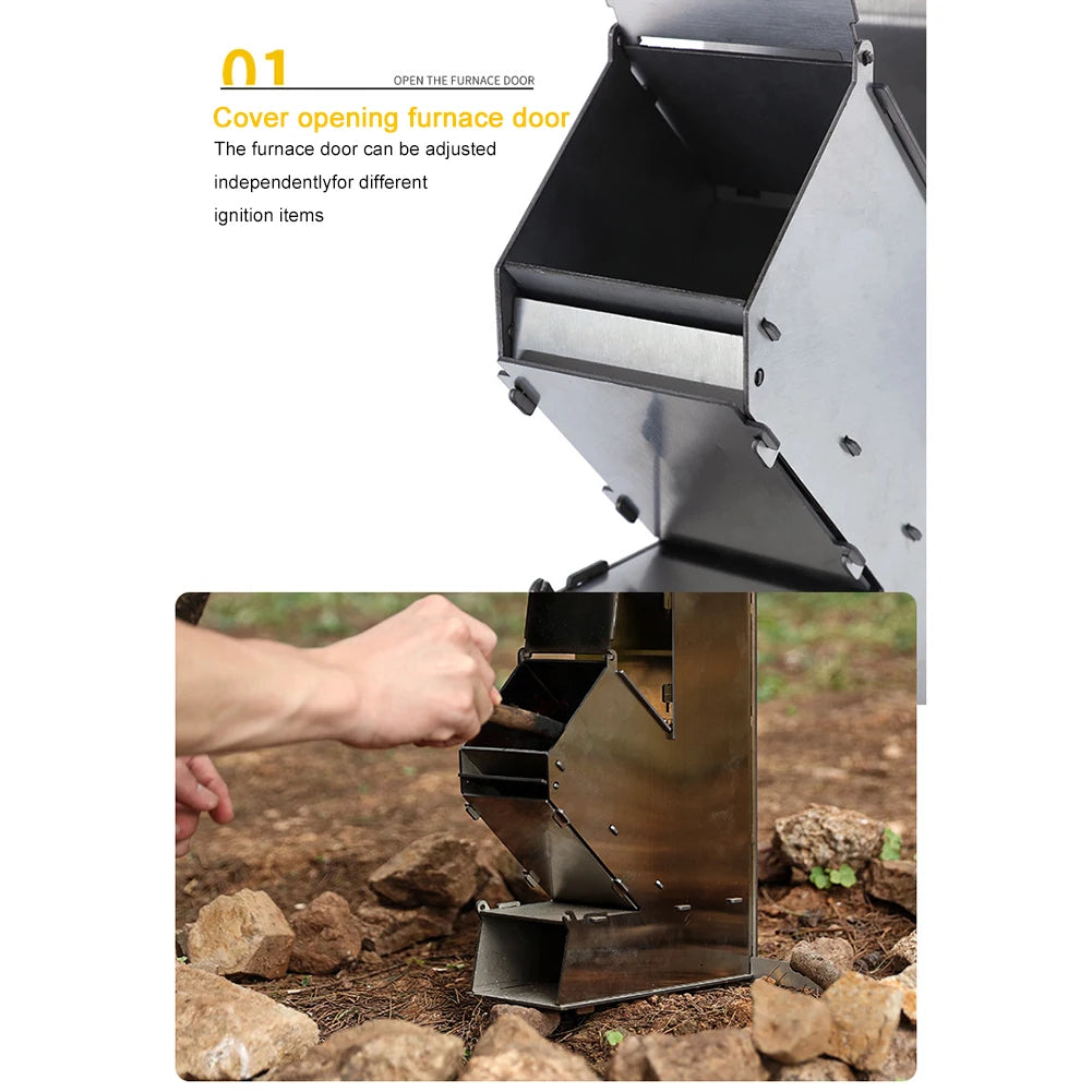 BBQ Rocket Stove Stainless Steel Portable Detachable Wood Burner Cooking Stove Portable Collapsible Camping Stove for Picnic BBQ