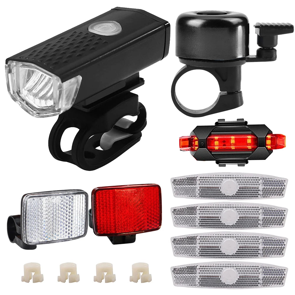 Bike Headlight Taillight Bell Set LED Flashlight Lamp Waterproof with 6pcs Reflector Riding Cycling Light Bicycle Accessories