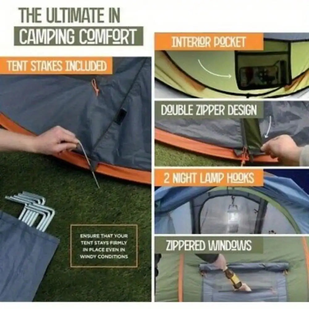 Camping Tent - 4-Person Easy Pop Up Tent with 2 Doors - UPF50+ Waterproof