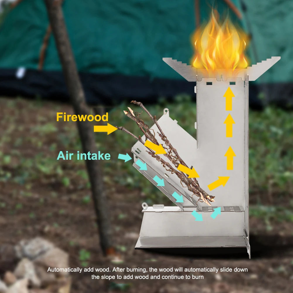 Outdoor Camp Firewood Stove Stainless Steel BBQ Rocket Stove Portable Detachable Wood Burner Outdoor Wood Burning for Picnic BBQ