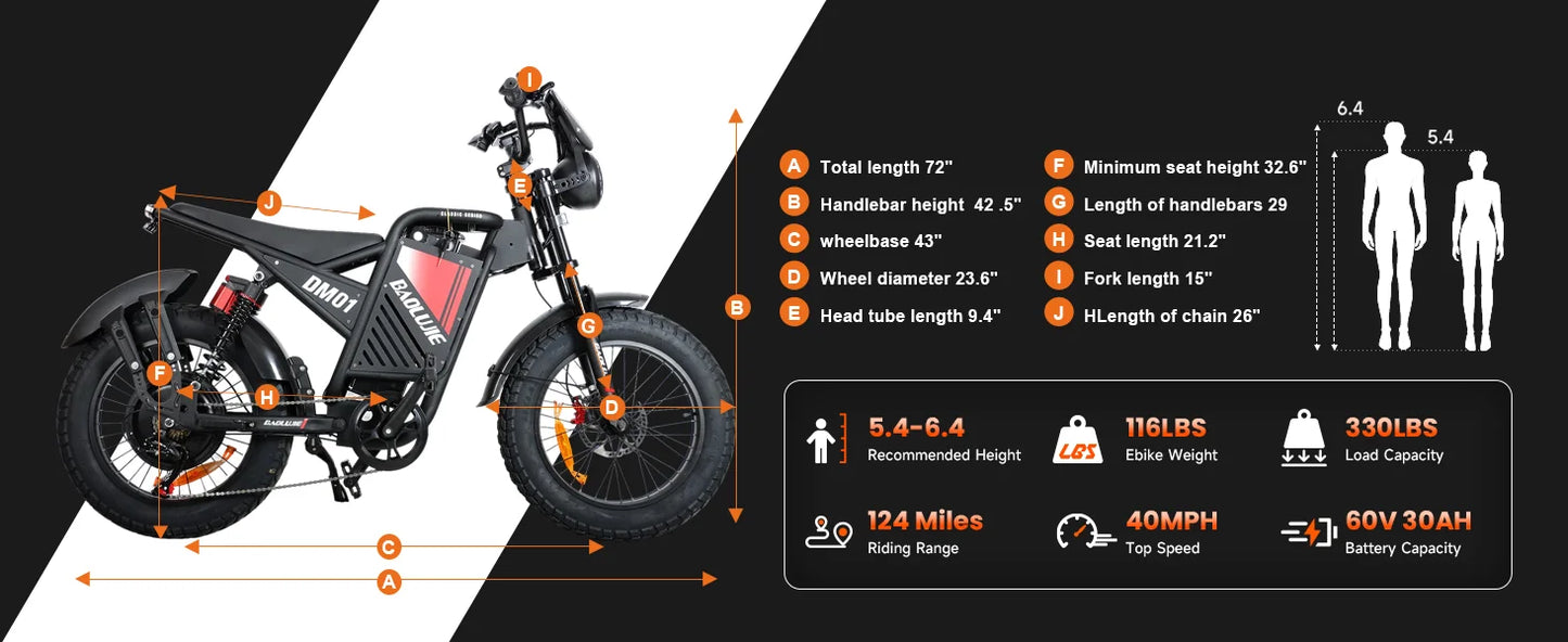 BAOLUJIE DM01 Motor Electric Bicycle 60V 30AH Battery Max Speed 42 MPH Electric Bike E-Bike Electric Motorcycle【1 Year Warranty】