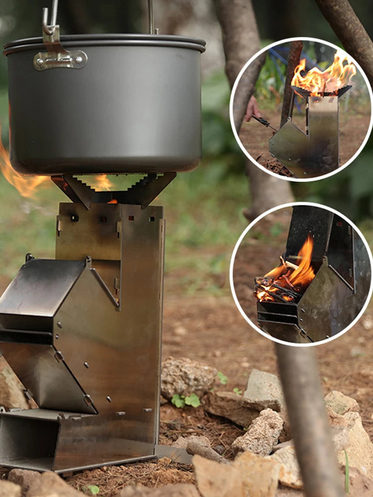Outdoor Camp Firewood Stove Stainless Steel BBQ Rocket Stove Portable Detachable Wood Burner Outdoor Wood Burning for Picnic BBQ