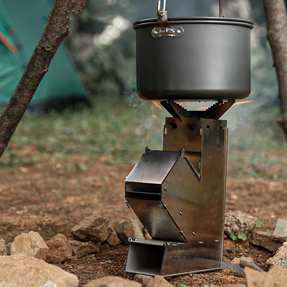 BBQ Rocket Stove Stainless Steel Portable Detachable Wood Burner Cooking Stove Portable Collapsible Camping Stove for Picnic BBQ