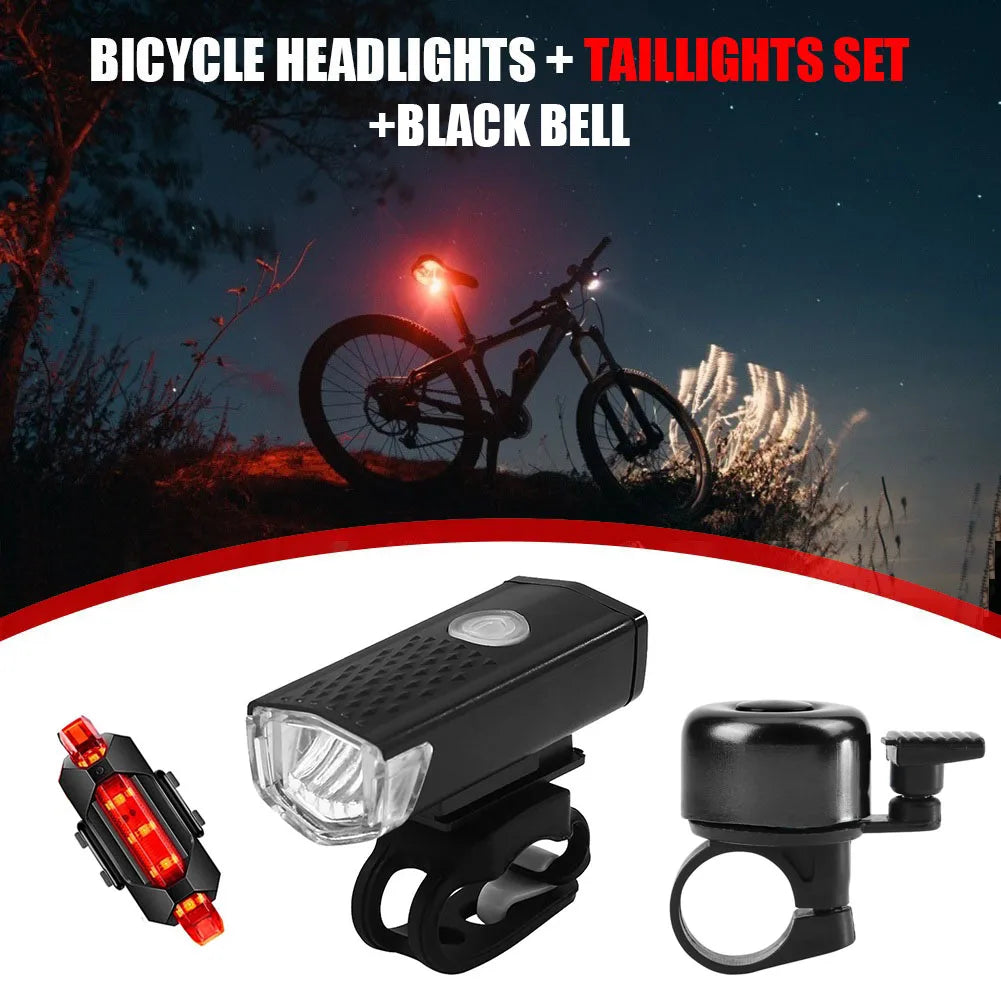 Bike Headlight Taillight Bell Set LED Flashlight Lamp Waterproof with 6pcs Reflector Riding Cycling Light Bicycle Accessories