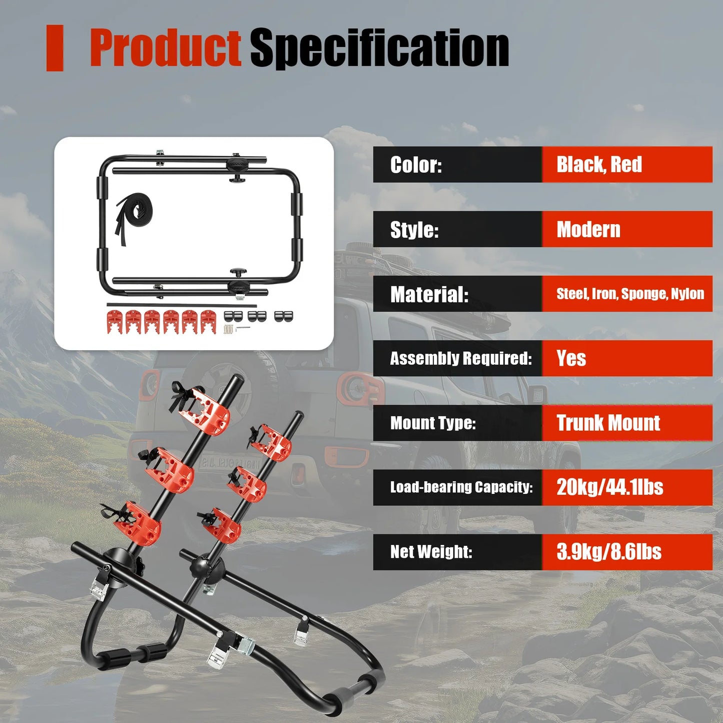 Foldable Car Trunk Bike Rack Auto Bicycle Rack Carrier 3 Bikes Trunk Mount for Most Hatchbacks, Sedans, SUVs, Vans