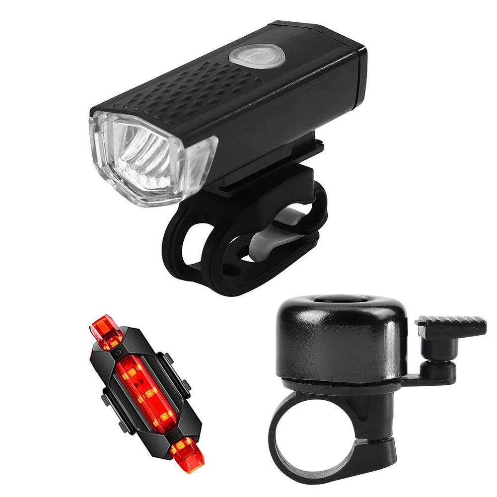 Bike Headlight Taillight Bell Set LED Flashlight Lamp Waterproof with 6pcs Reflector Riding Cycling Light Bicycle Accessories