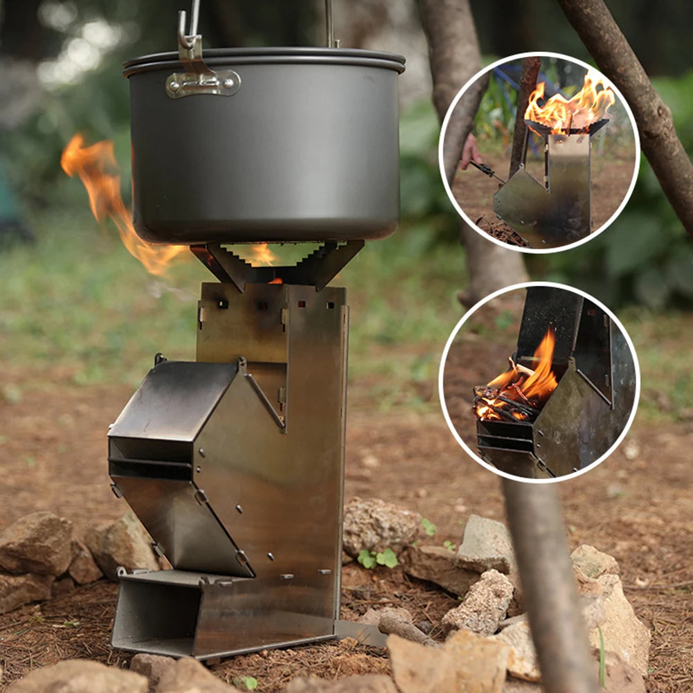 BBQ Rocket Stove Stainless Steel Portable Detachable Wood Burner Cooking Stove Portable Collapsible Camping Stove for Picnic BBQ